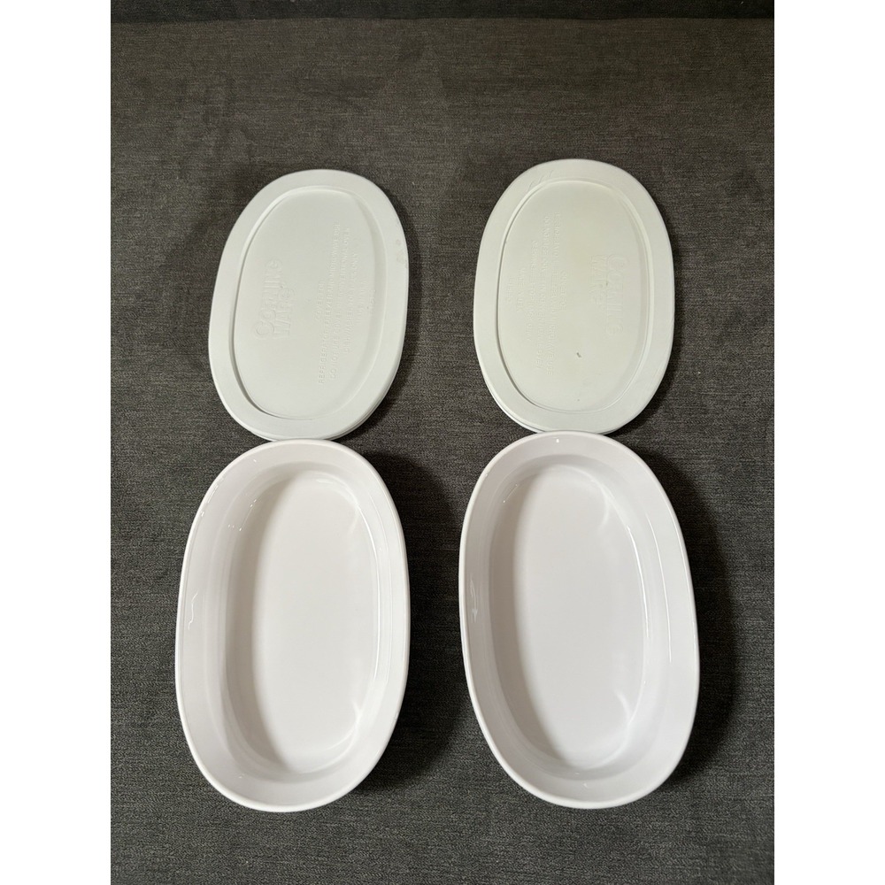 2 Vintage Corning Ware White Oval Baking Dishes F-15-B 475ml Dishes w/ Lids